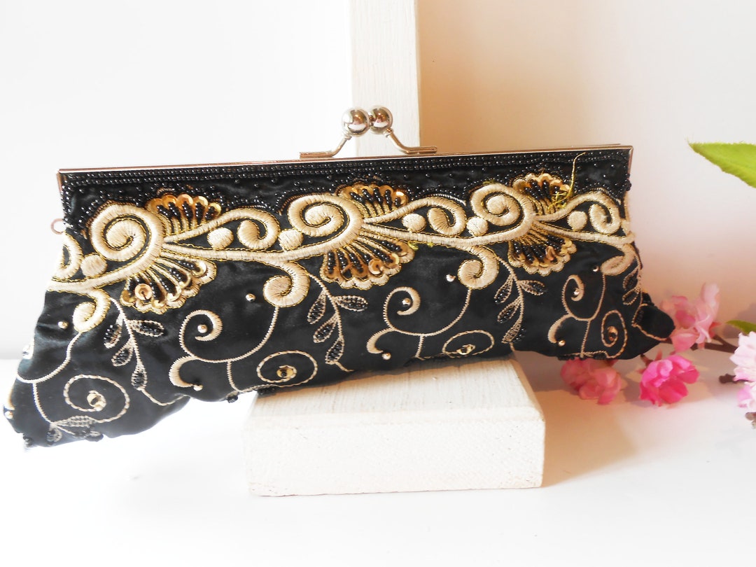 Vintage Black Evening Bag With Embroidery and Beads, Glamorous Black Beaded Clutch Bag EB0343