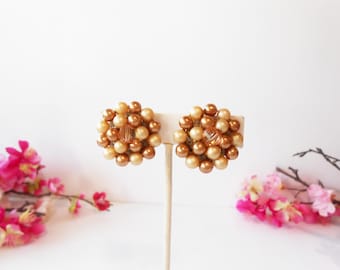 Vintage Gold Cream Beaded Earrings, Clip-On Earrings