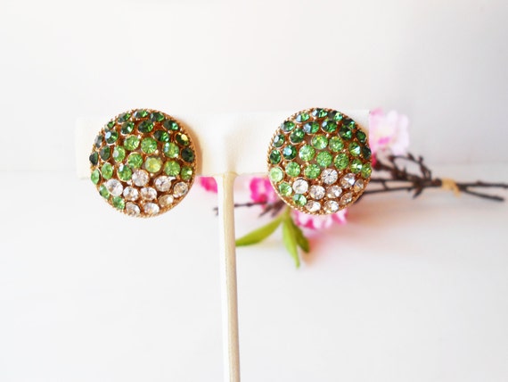 Vintage Green Rhinestone Earrings, Glamorous Gree… - image 3