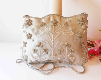 Vintage Grey Beaded Evening Bag, Grey Clutch EB-0045