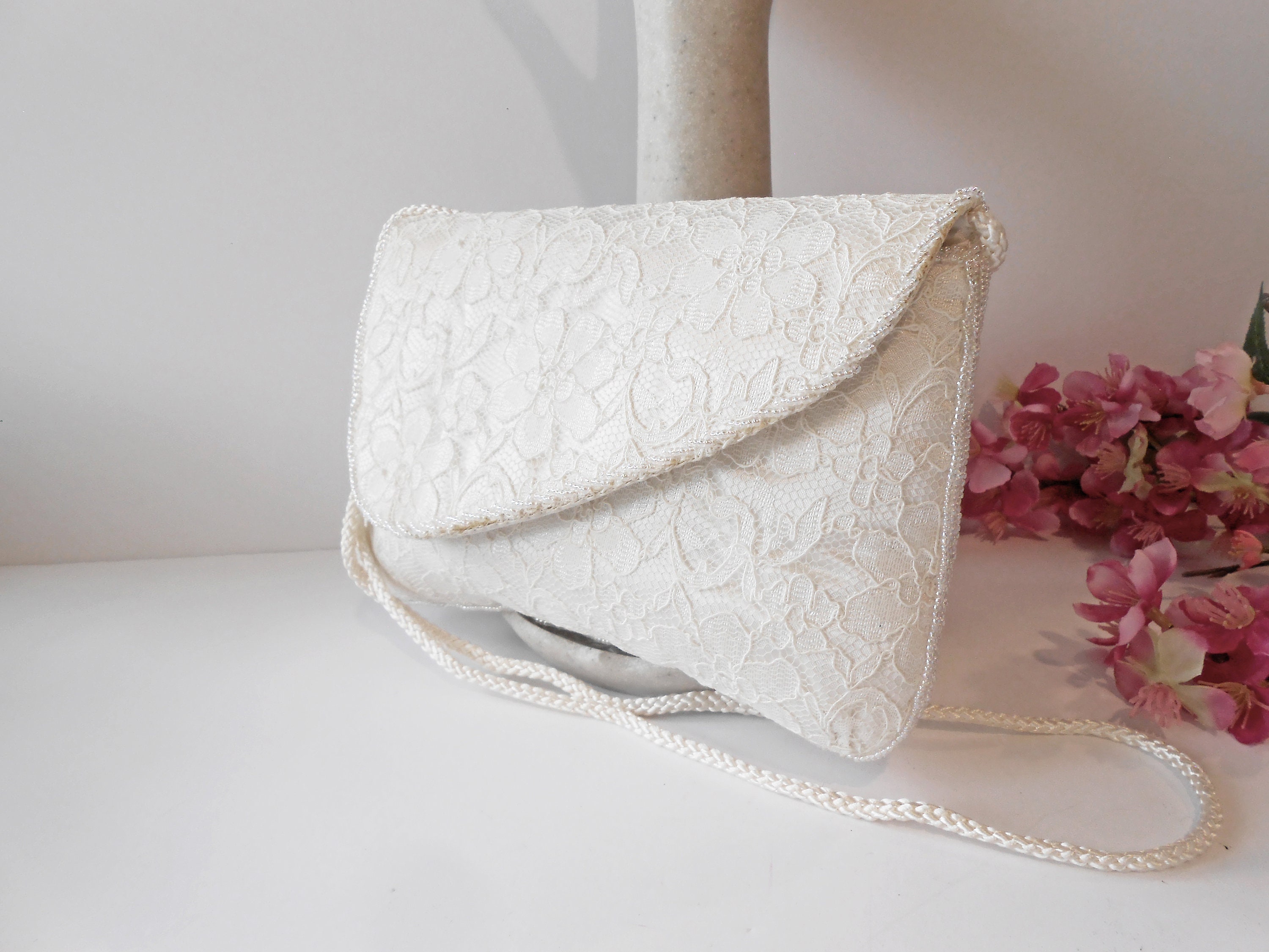 White Bridal Clutch Purse, Vintage White Lace Wedding Purse, White
