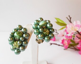 Vintage Green Bead Earrings, Green Cluster Style Bead Earrings, Clip On, Made Japan