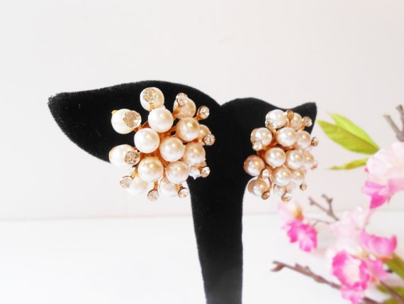 Pearl and Rhinestone Earrings, Vintage Pearl Rhin… - image 1