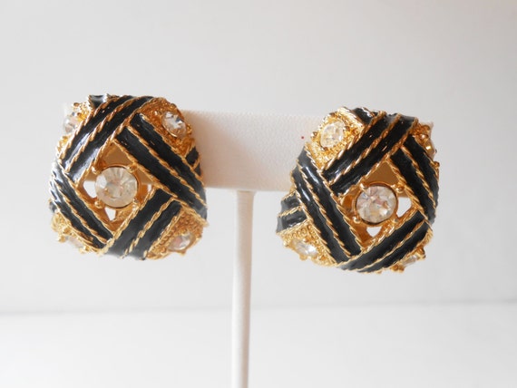 Rhinestone Black Enamel Earrings, Vintage Black G… - image 1