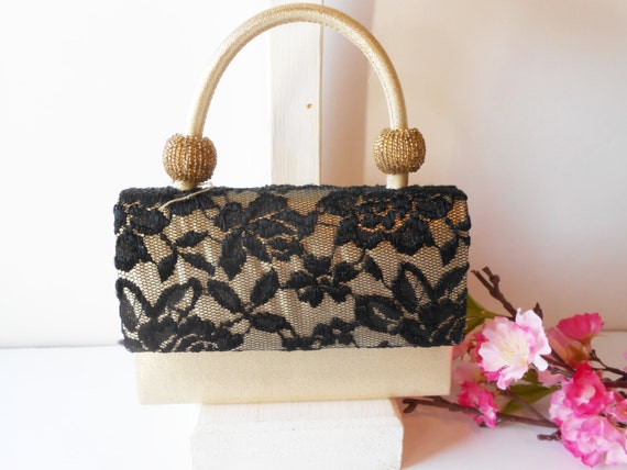 Gold Evening Bag Black Lace Trim, Small Gold Bead… - image 2