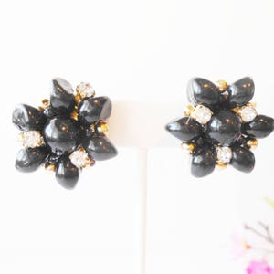 Vintage Black Bead Earrings, Clip-On Earrings, Floral Design, Crystal and Black Bead