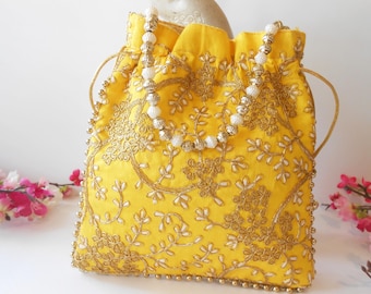 Yellow Evening Bag: Gold Threading Pouch Bag EB-0700