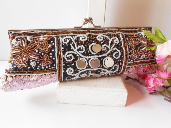 Vintage Black Beaded Evening Bag, Beaded Clutch B… - image 2