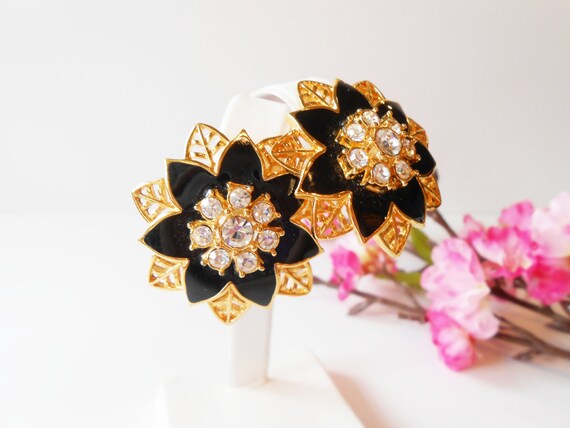 Black Gold Floral Earrings, Vintage Black Lacquer… - image 2