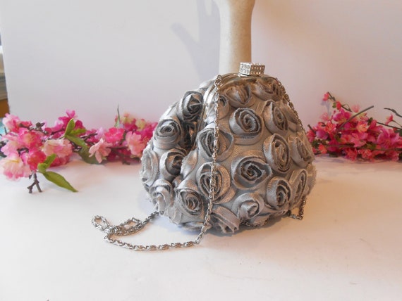 Grey Taffeta Evening Bag Rhinestones, Floral Desi… - image 4