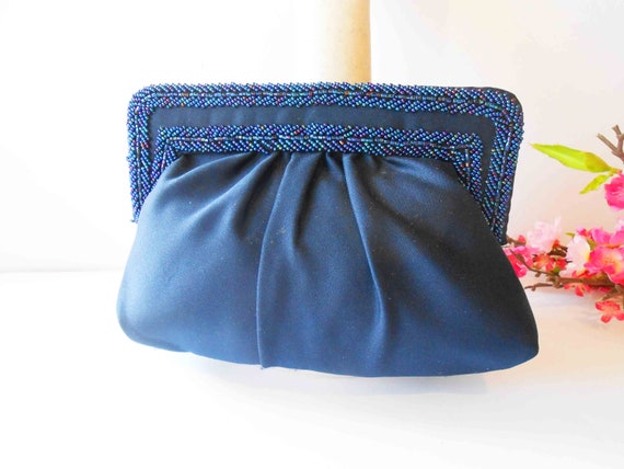 Vintage Blue Beaded Handbag, Blue Bead Clutch Pur… - image 7