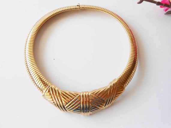 Vintage Goldtone Necklace, 1980s Gold Choker Neck… - image 3