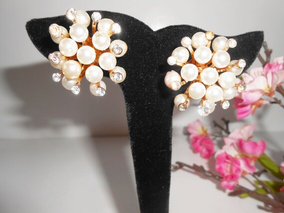 Pearl and Rhinestone Earrings, Vintage Pearl Rhin… - image 2