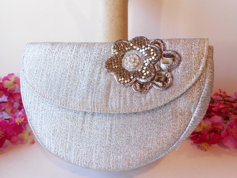 Vintage Silver Metallic Clutch Bag, Rhinestone Floral Evening Purse zdjęcie 7