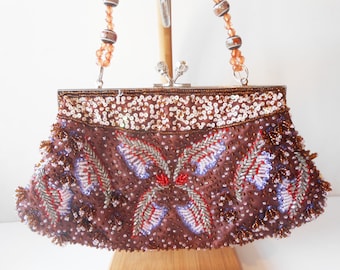 Vintage Beaded Evening Bag, Glam Beaded Clutch Bag, Copper Brown Red Beading , Special Occasion Bag EB-0020