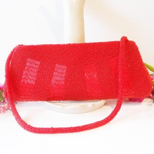Vintage Red Evening Bag, Rec Bead Clutch