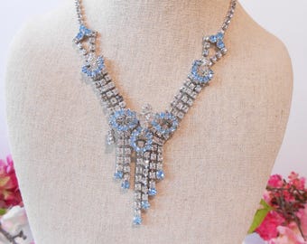 Vintage Rhinestone Necklace, Dangle Clip Earring Set,