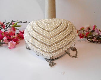Pearl Rhinestone Heart Evening Bag, Silver Chain Strap EB-0669