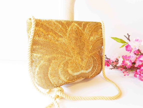 Vintage Gold Beaded Clutch Bag, Sparkly Gold Even… - image 2