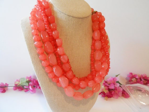 Watermelon Red Bead Necklace, 5 Strand Necklace, … - image 2