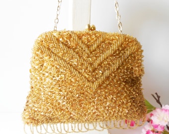 Vintage Gold Bead Evening Bag, Sparkly Gold Bead Clutch Bag, Cocktail Purse, Special Occasion EB-0324