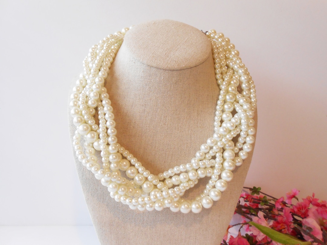 Pearl Bead Collar Necklace, Six Strand Pearl Beads, Pearl Statement