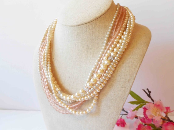 Pearl Necklace Blush Pink Beads, Vintage 80's Pea… - image 5