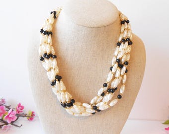 Black & White Pearl Statement Necklace, Six Strand, 19"