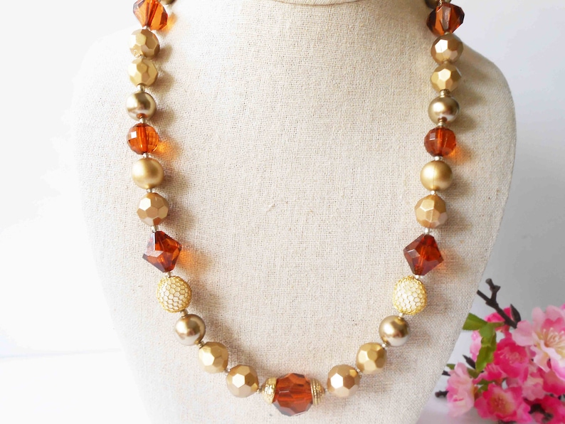 Single Strand Fall Wardrobe Accessory Pearl Vintage Bead Necklace Gold and Faux Amber Beads Fall Color Necklace