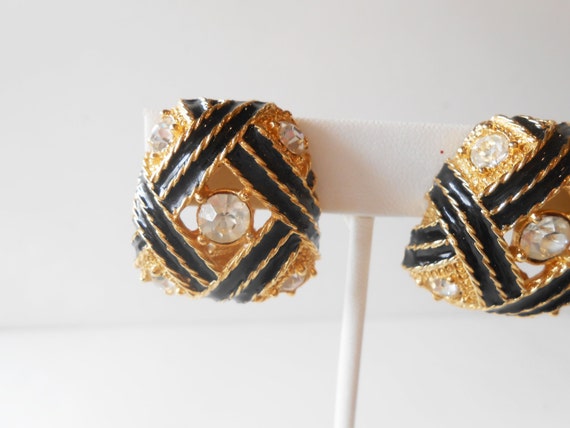 Rhinestone Black Enamel Earrings, Vintage Black G… - image 3