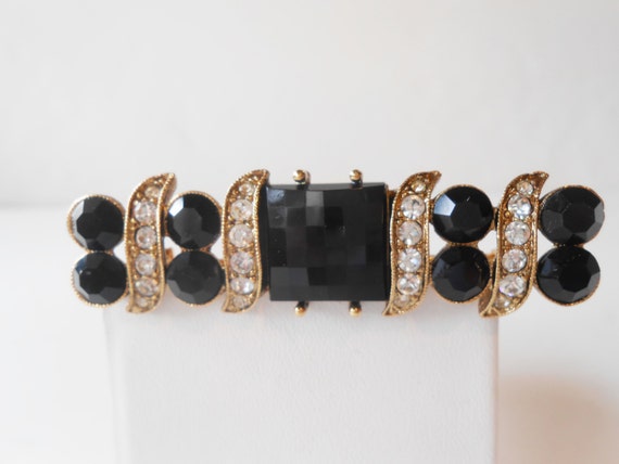 Vintage Rhinestone Black Brooch, Sparkly Bar Pin,… - image 1