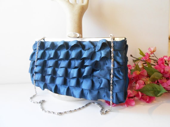 Blue Taffeta Evening Bag, Blue Clutch Handbag, Ev… - image 4