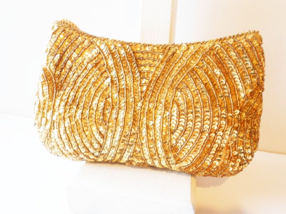 Gold Beaded Clutch Evening Bag, Gold Beaded Handb… - image 3