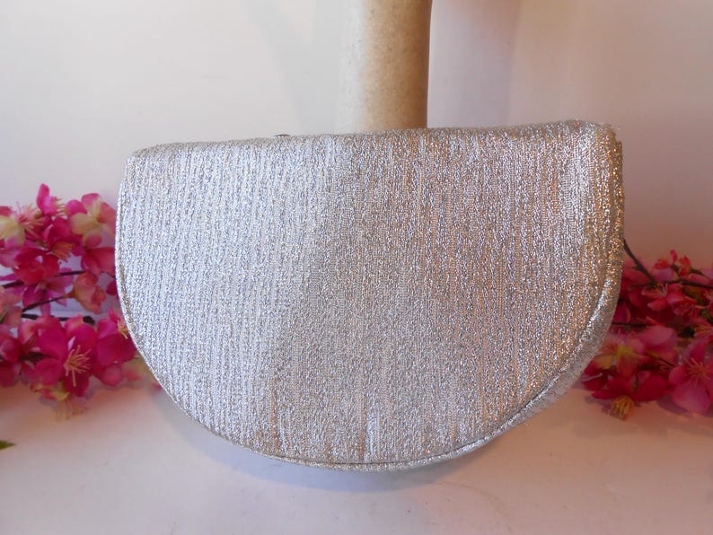 Vintage Silver Metallic Clutch Bag, Rhinestone Floral Evening Purse zdjęcie 8