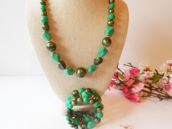 1950s Green Jewelry Set, Necklace Bracelet Set, G… - image 5