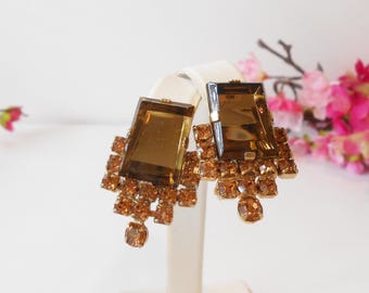 Vintage Brown Topaz Glass Earrings, Cllip On