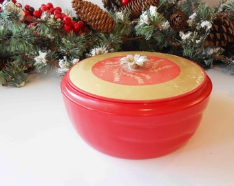 Vintage Avon Red Glass Powder Jar, Gold Lid, Vanity Accessory