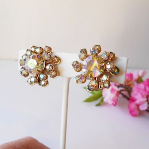 1950&#39;s Rhinestone Earrings, Cluster Style, Clip-on Earrings, AB Rhinestone Earrings, Jewelry Gift