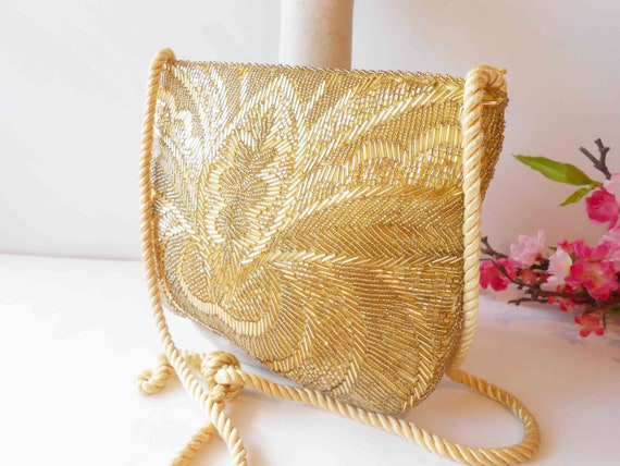 Vintage Gold Beaded Clutch Bag, Sparkly Gold Even… - image 5