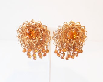 Vintage Rhinestone Earrings, Glass Amber Color,Clip-On