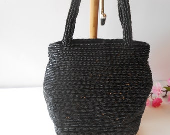 Vintage Black Beaded Evening Bag, Petite Mid-Century Purse