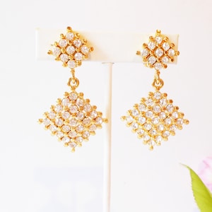 Vintage Rhinestone Dangle Earrings, Sparkly Drop Rhinestone Clip-On Earrings
