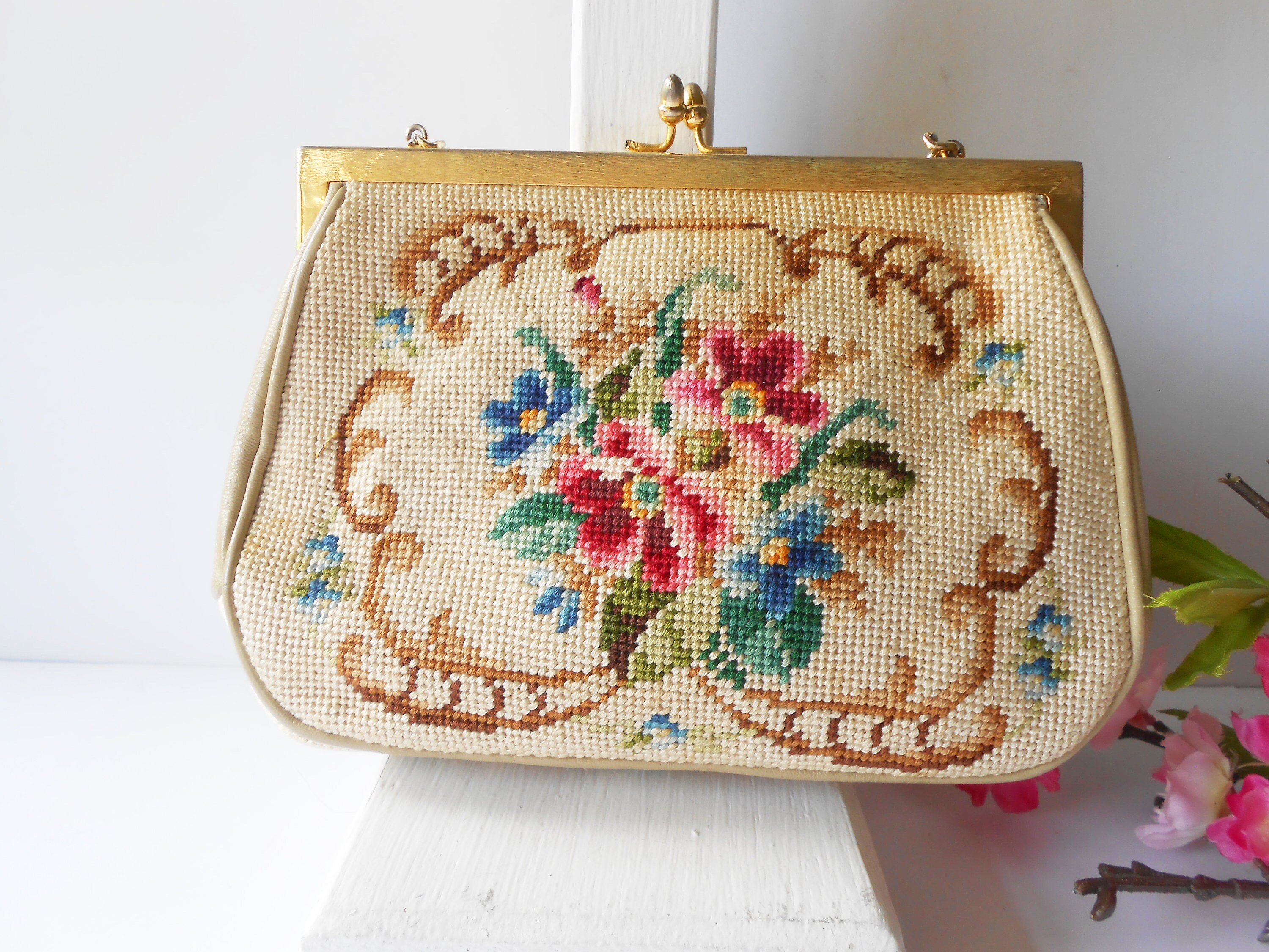 Vintage Needlepoint Floral Handbag Colorful Print Bag | Etsy