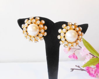 Vintage Pearl Rhinestone Earrings, Clip On Pearl Earrings, Cocktail Jewelry, Jewelry Gift for Her, Gift for Wife