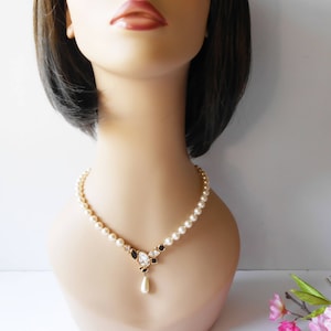 Vintage Pearl Necklace, Pearl Rhinestone Drop Design, Single Strand Pearls, Jewelry Gift for Her
