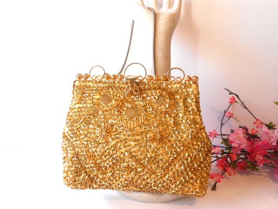 Gold Beaded Evening Bag, Gold Bead Clutch Bag, Af… - image 7