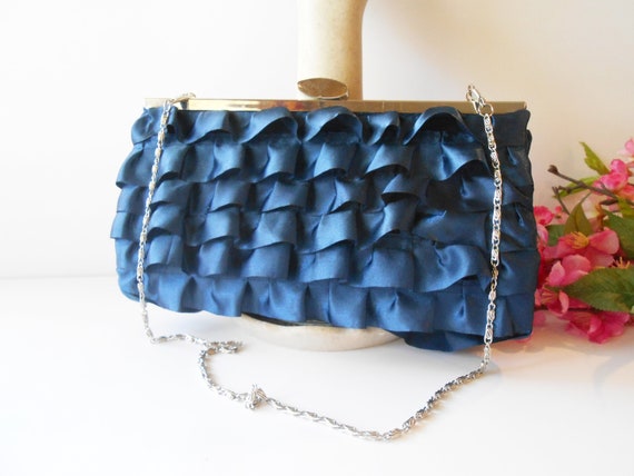 Blue Taffeta Evening Bag, Blue Clutch Handbag, Ev… - image 1