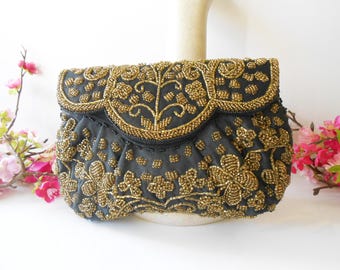 Vintage Black Gold Beaded Evening Bag, Clutch Purse, EB-0599