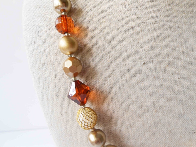 Single Strand Fall Wardrobe Accessory Pearl Vintage Bead Necklace Gold and Faux Amber Beads Fall Color Necklace