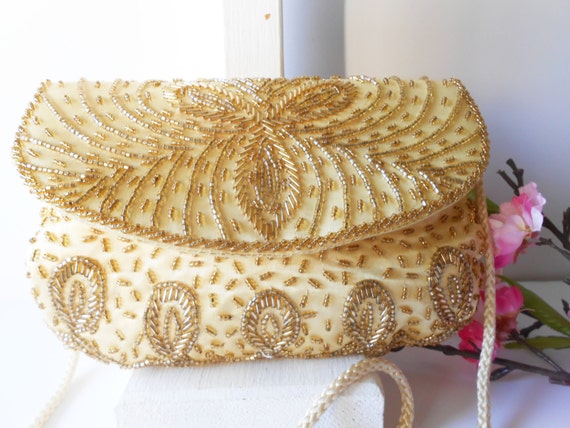 Vintage Gold Beaded Evening Bag, Beaded Clutch EB… - image 4